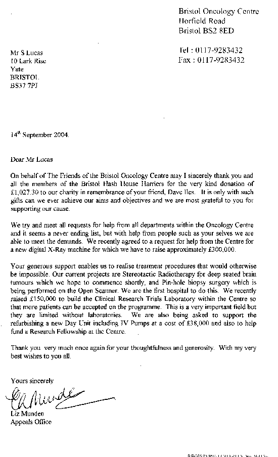 Letter from Bristol Oncology Centre to Sleepy